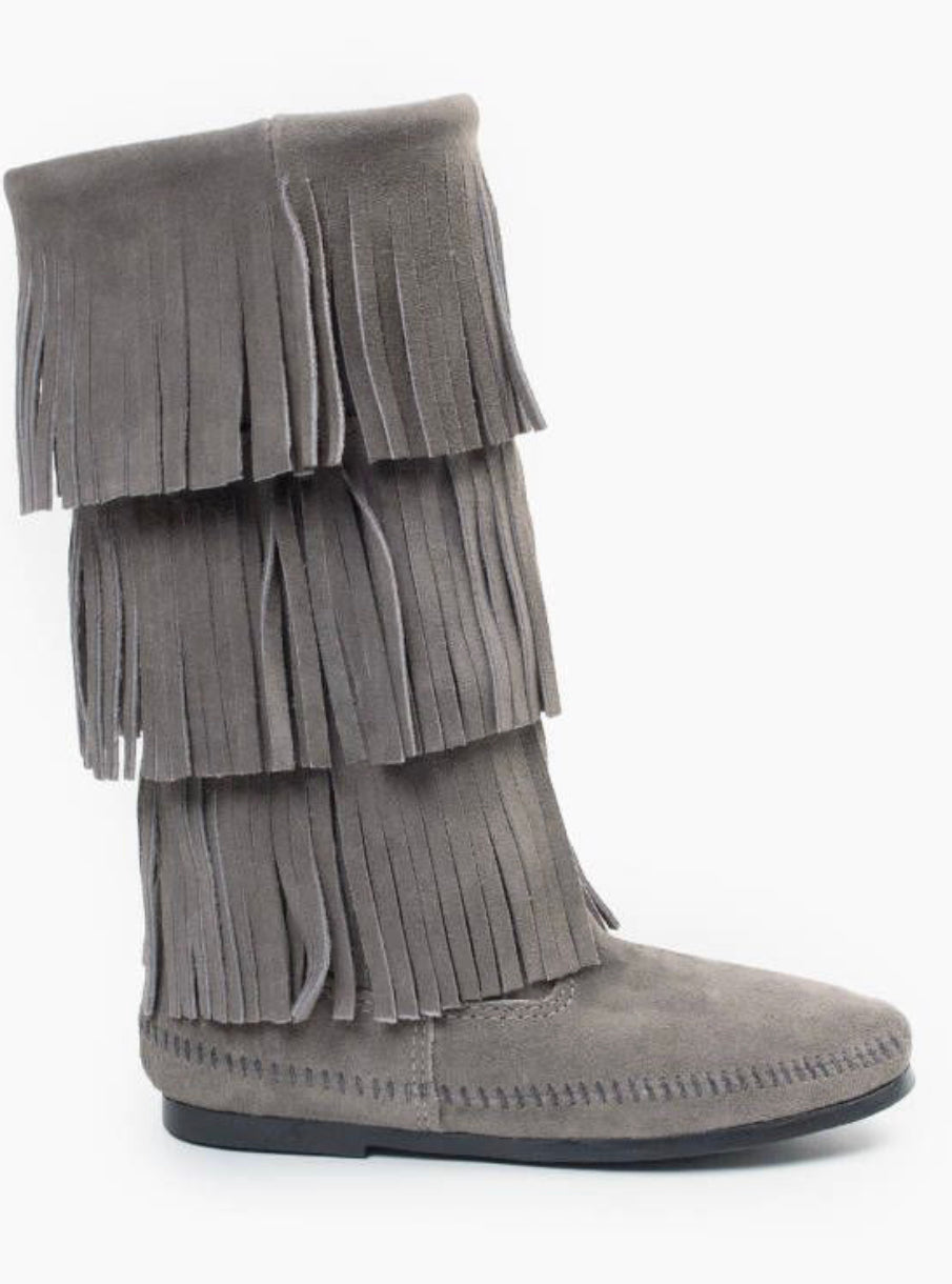 Minnetonka 3 Layer Fringe Moccasin Boot Grey